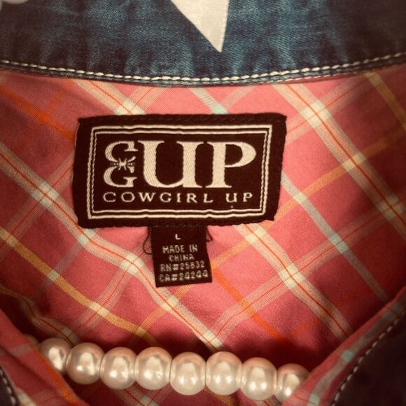 COWGIRL UP LADIES DENIM WESTERN EMBROIDERED PEARL SNAP BUTTON FRONT SHIRT LARGE - Picture 7 of 10